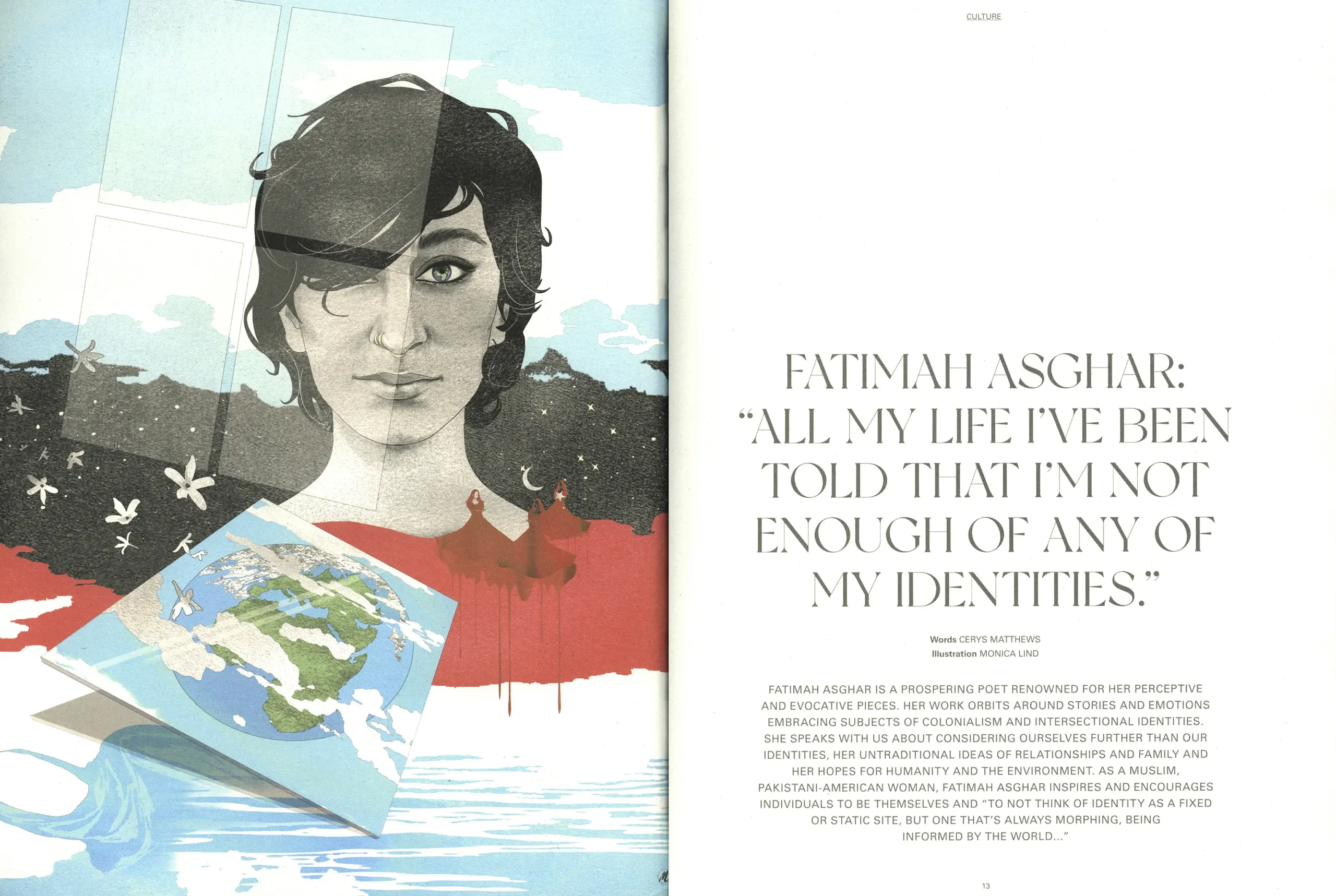 A spread from the magazine Luxiders. The picture is showing an illustrated portait of the poet and writer Fatimah Asghar and next to it is a text about the writer.