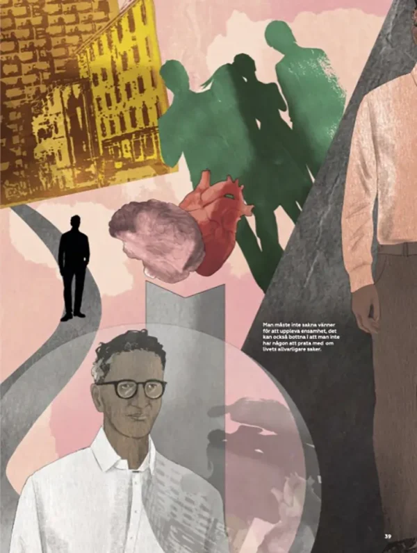 In the lower left corner is a dark hair man with eye glasses, dressed in a white shirt. He is in a transparent sphere. To the right is a man's body, seen in half, with brown trousers and pinkish shirt. In the upper part is a group of people, silhouetted in green. To the left of the group are yellow buildings. From the buildings runs a grey serpentine street down to the man in the sphere. On the path is a black silhouette of a man. In the middle of the picture and on a pedestal are a brain and a heart. The colors are green, yellow, pink, brown, red, grey and black.