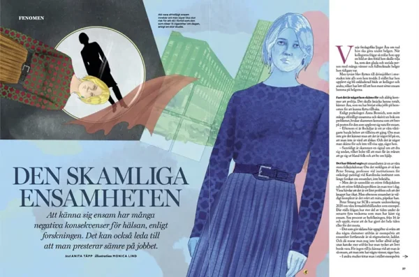 To the right is a blue woman, wearing a darker blue pleaded skirt and sweater. Behind her is a pink shadow. In the middle are green buildings and In font of them is a window with a brown curtain blowing. To the left is a black silhouette in a mirror. A blond woman turned in 90-degree angle and dressed in a pleated brown skirt and an olive sweater with red dots is next to the black silhouette. The background is light blue.