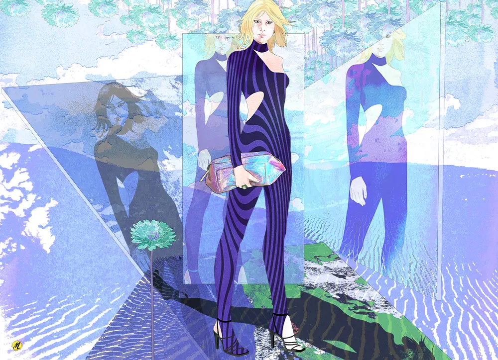 Drawing of a blond fashion woman dressed in a dark jumpsuit with violet stripes, holding a big silvery pouch. Upside down flowers at the top. Violet and green colors.