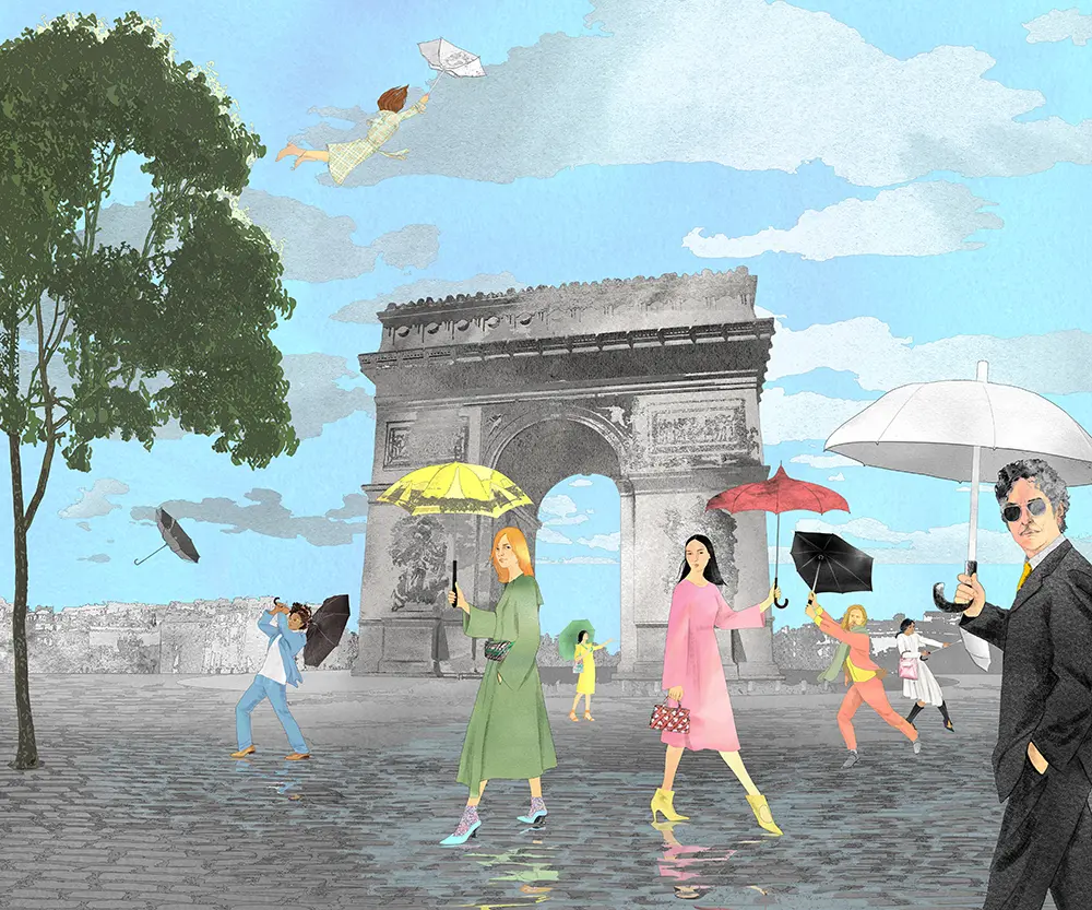 Illustration picturing the Arc de Triomphe in Paris when it rains. People struggling with their umbrellas in the rain and wind. One woman is caught by the wind and flies over the arc. Two pretty women in the foreground dressed in green and pink each one holding un umbrella. The musician Bob Dylon is walking in to the picture, carrying a white umbrella. to the left is a big green tree. There are blue skies and grey and white clouds.