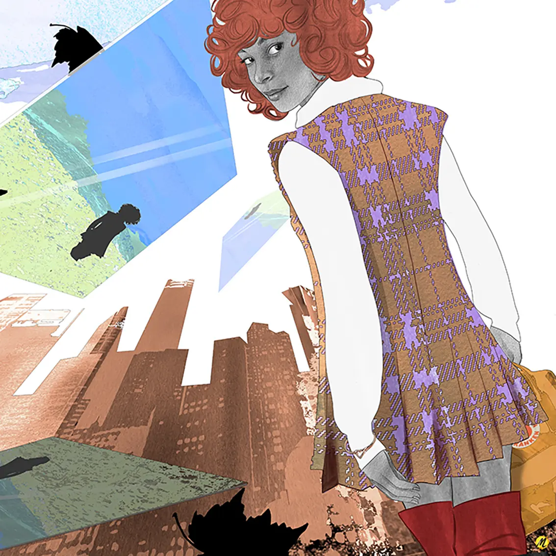 Art work picturing a young woman with red curly hair wearing a tartar brown and lilac sleeveless short dress with pleaded skirt over a white shirt. Black leaves are falling. There are brown cityscapes in the background. Two mirrors are floating in the sky with scenes of yellow flower fields and blue skies.