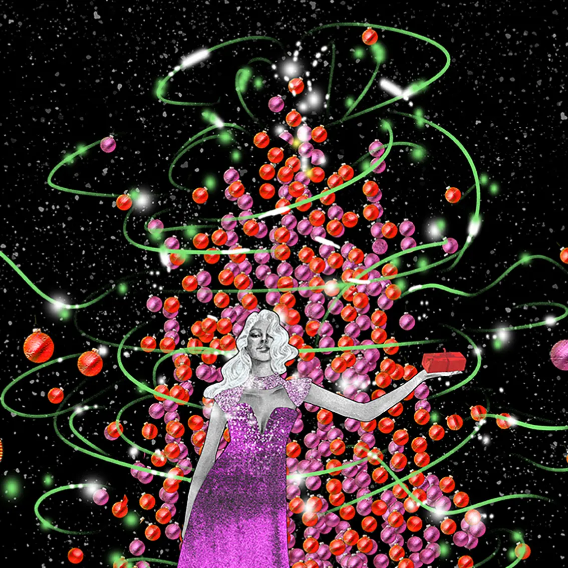 Black background with white stars and a woman dressed in a short sparkling violet dress, holding a red gift in her stretched out hand. Behind her are red and violet Christmas balls forming a tree with the help of green lights. Red gifts are under the tree. On the black floor you can see a mirrored reflection of the woman, the gifts and the tree.