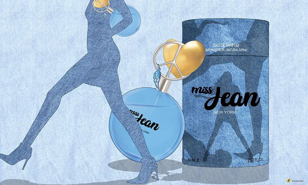 Illustration showing a woman's silhouette carrying a perfume bottle named miss Jean. A bigger bottle and a packaging with female silhouettes in the background. Denim texture.