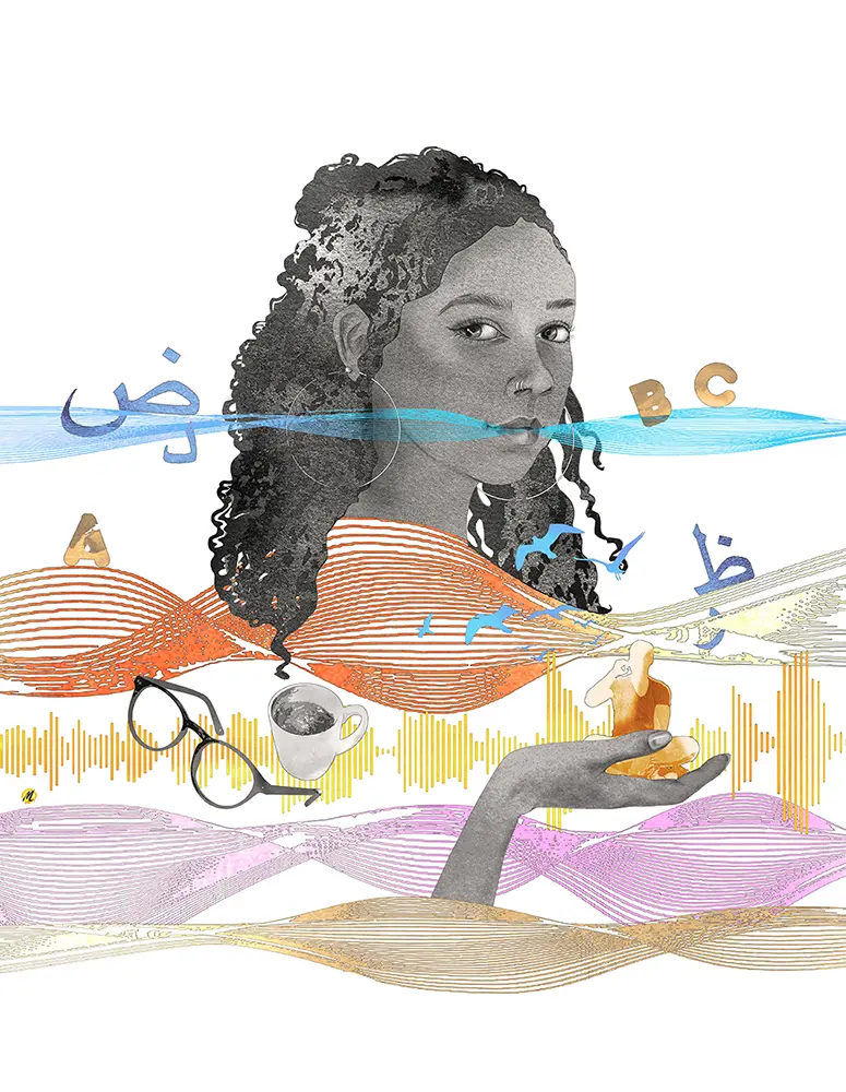 Artwork of a young beautiful woman with dark skin and hair in black and white. Colored sound waves in blue with different letters are coming out from her mouth. Other colored sound waves in orange are beneath. A hand holding a little man. Eye glasses and a cup of coffee.