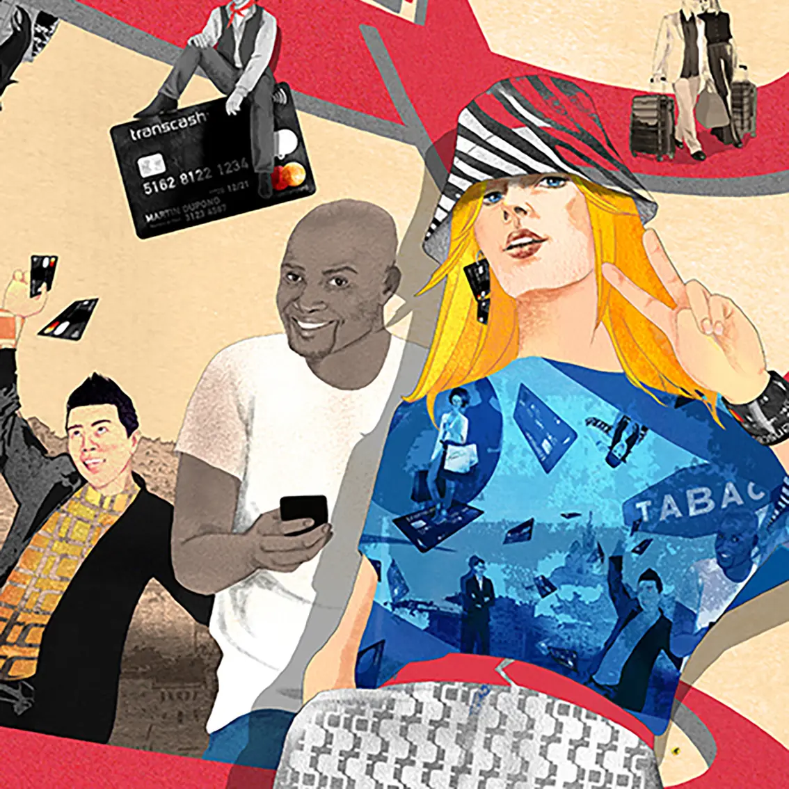 Wall art picturing different people in the middle of many prepayment cards. The red logo surrounds the image like a road. An airplane with the Transcash logo. A young man surfing on one of the cards. Another man is sitting on a card. A woman with shopping bags is standing on a card. In the foreground a blond woman dressed in blue and white and wearing prepaid cards as earrings. She is doing the peace sign with her fingers.