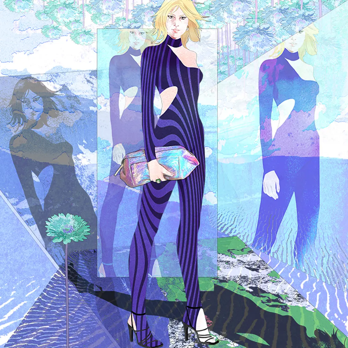 Drawing of a blond fashion woman dressed in a dark jumpsuit with violet stripes, holding a big silvery pouch. Upside down flowers at the top. Violet and green colors.