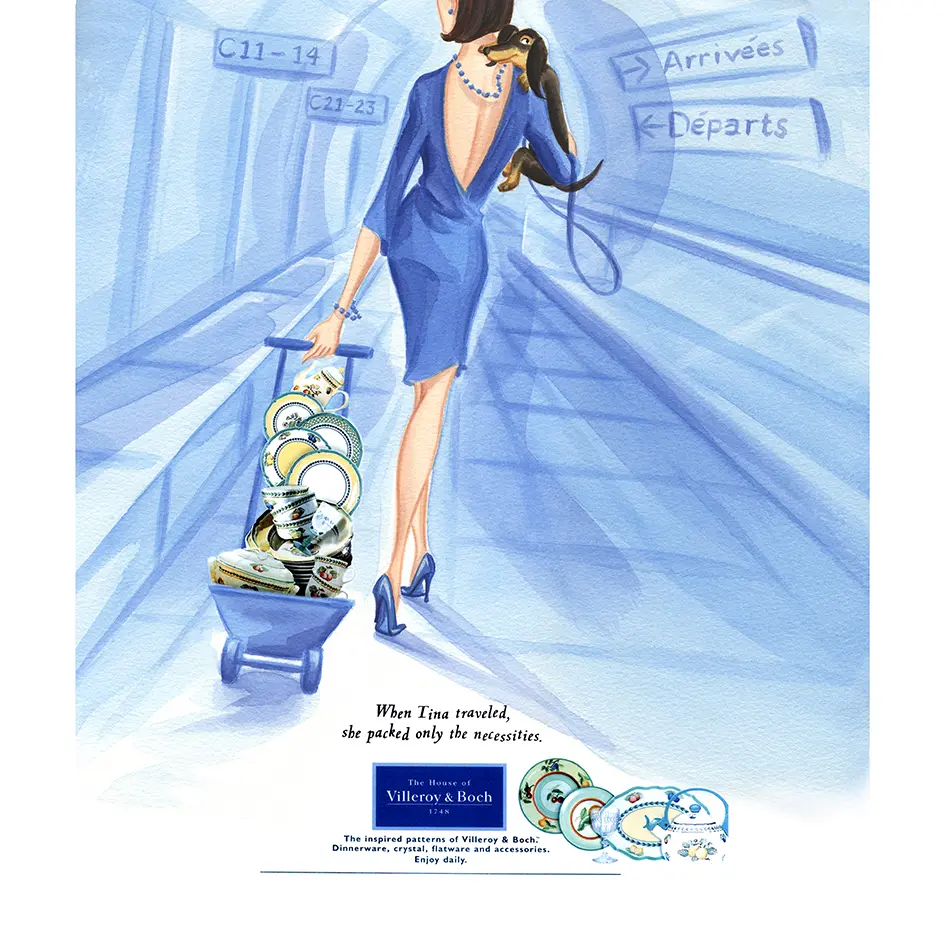 Woman at the airport, seen from the back, carrying her dog and pulling her stroller filled with tableware from Villeroy & Boch. Texte which says: When Tina traveled, she packed only the necessities.