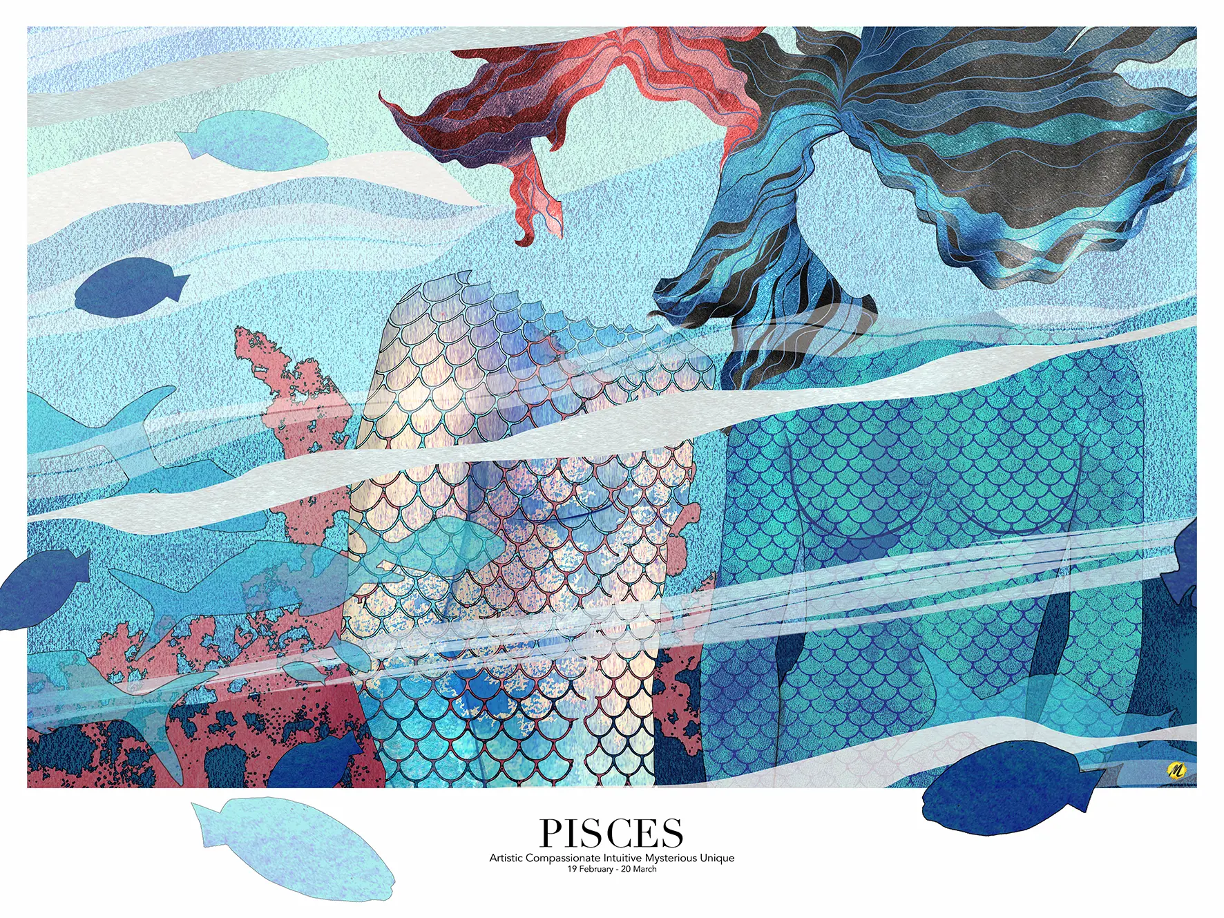 Artwork of the Zodiac sign "Pisces", representing a woman with curly, dark and blue hair. Next to her is a man with curly red and pink hair. They are both dressed in fish scales. Their faces are invisible. They are under water where blue fish swim. The colors are blue and turquoise with white waves across the image diagonally. Red sea coral is behind the couple.