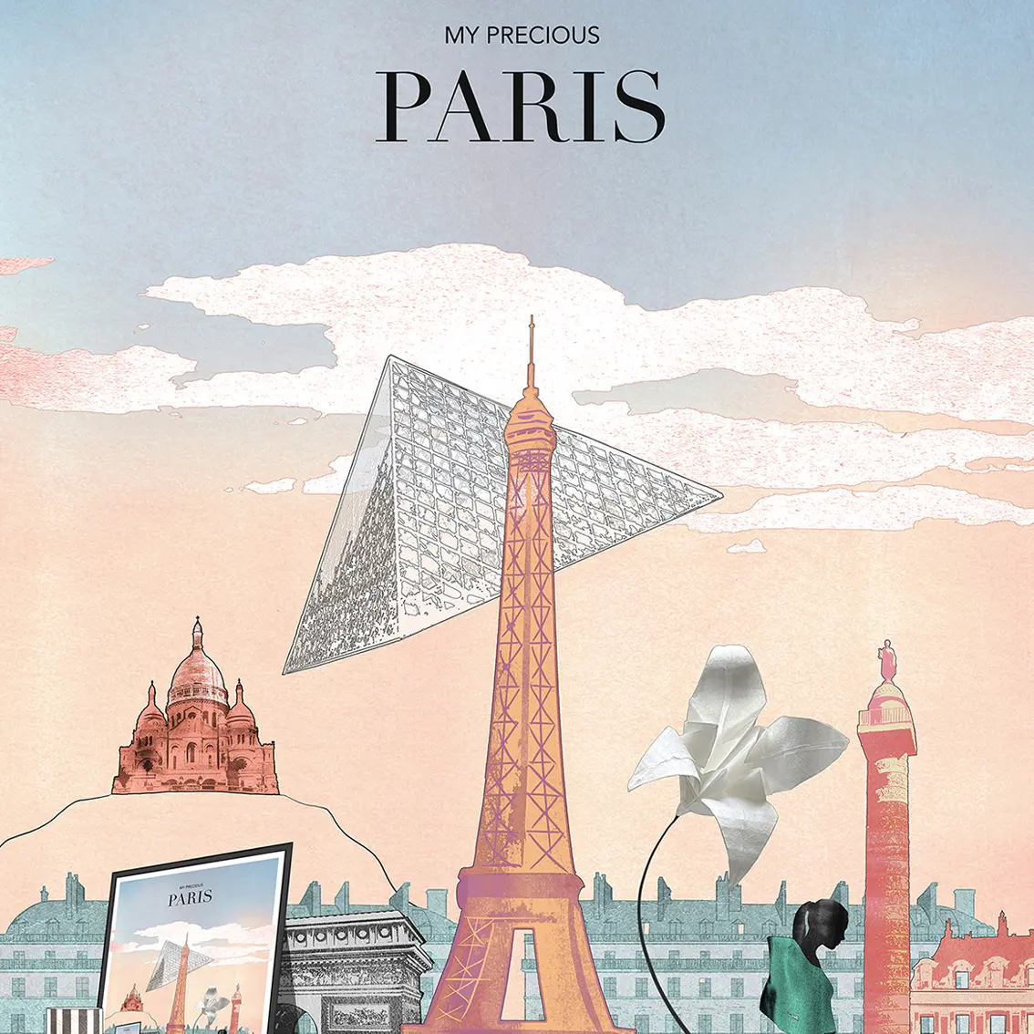 The Eiffel tower next to the arch of Triumph in Paris. In the background is Le Sacré-Coeur. The pyramid at the Louvre is hanging in the air. A black silhouette of a woman with a green dress. Green buildings in the background. The statue in Place Vendôme is visible. The colors of the illustration are soft pastels in blue, pink and green.