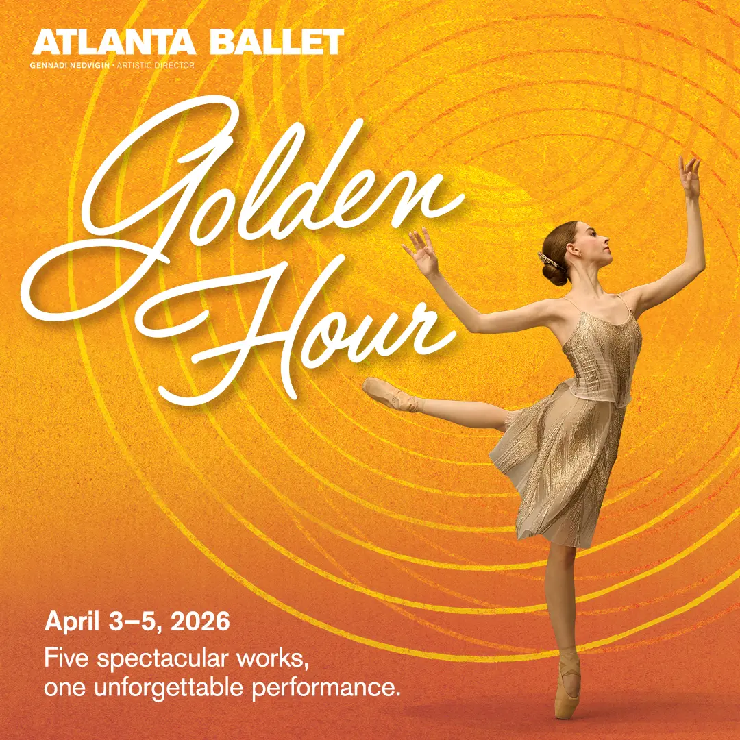 golden hour publicité pour la saison 2025-26 de atlanta ballet illustrations par monica lind et photographie par rachel neville