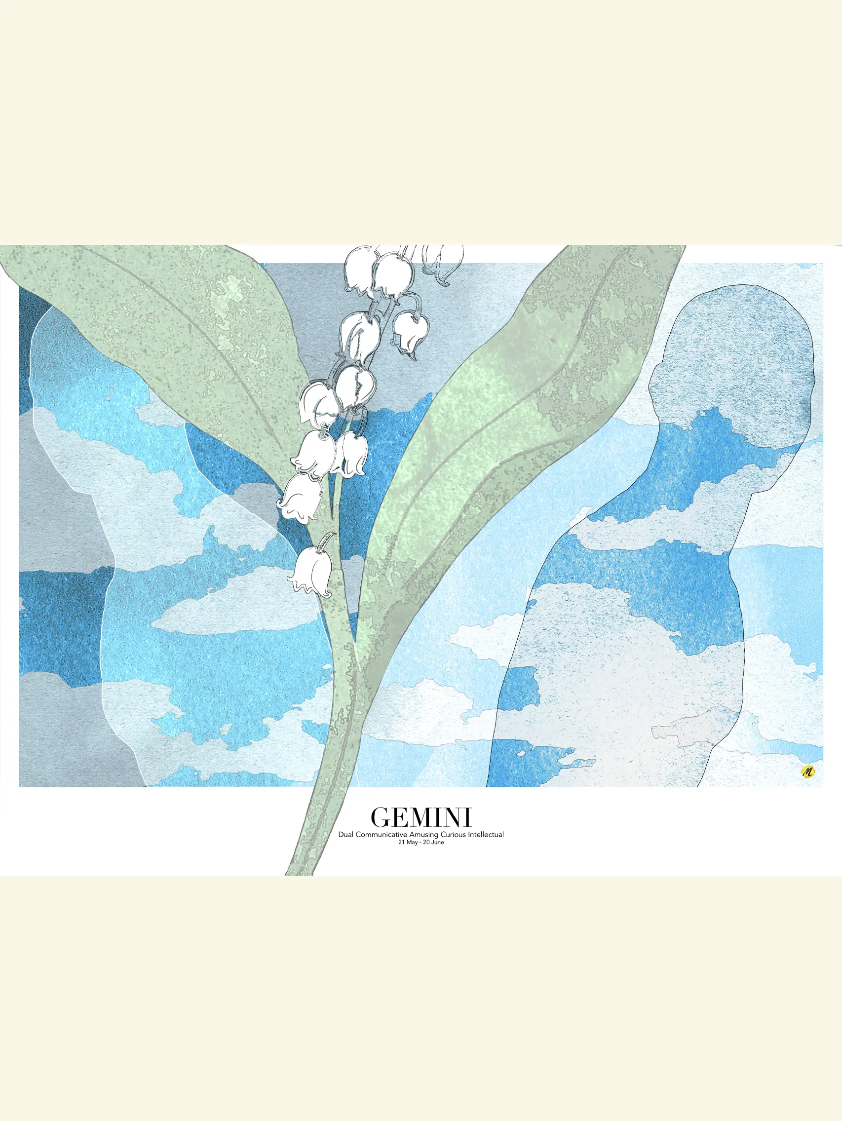 gemini zodiac art print lili of the valley and blue skies by monica lind