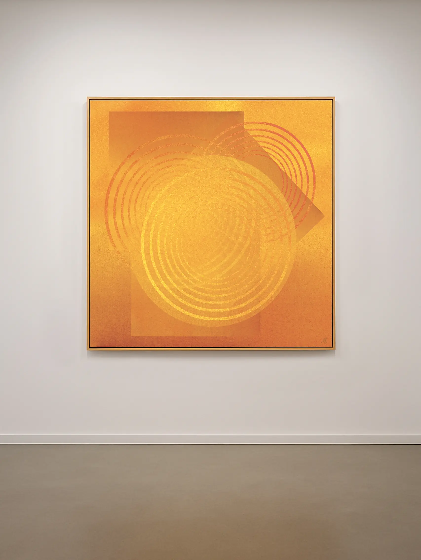 tirage d’art abstrait heure dorée par Monica Lind édition exclusive grand format tons dorés et orangés cercles concentriques