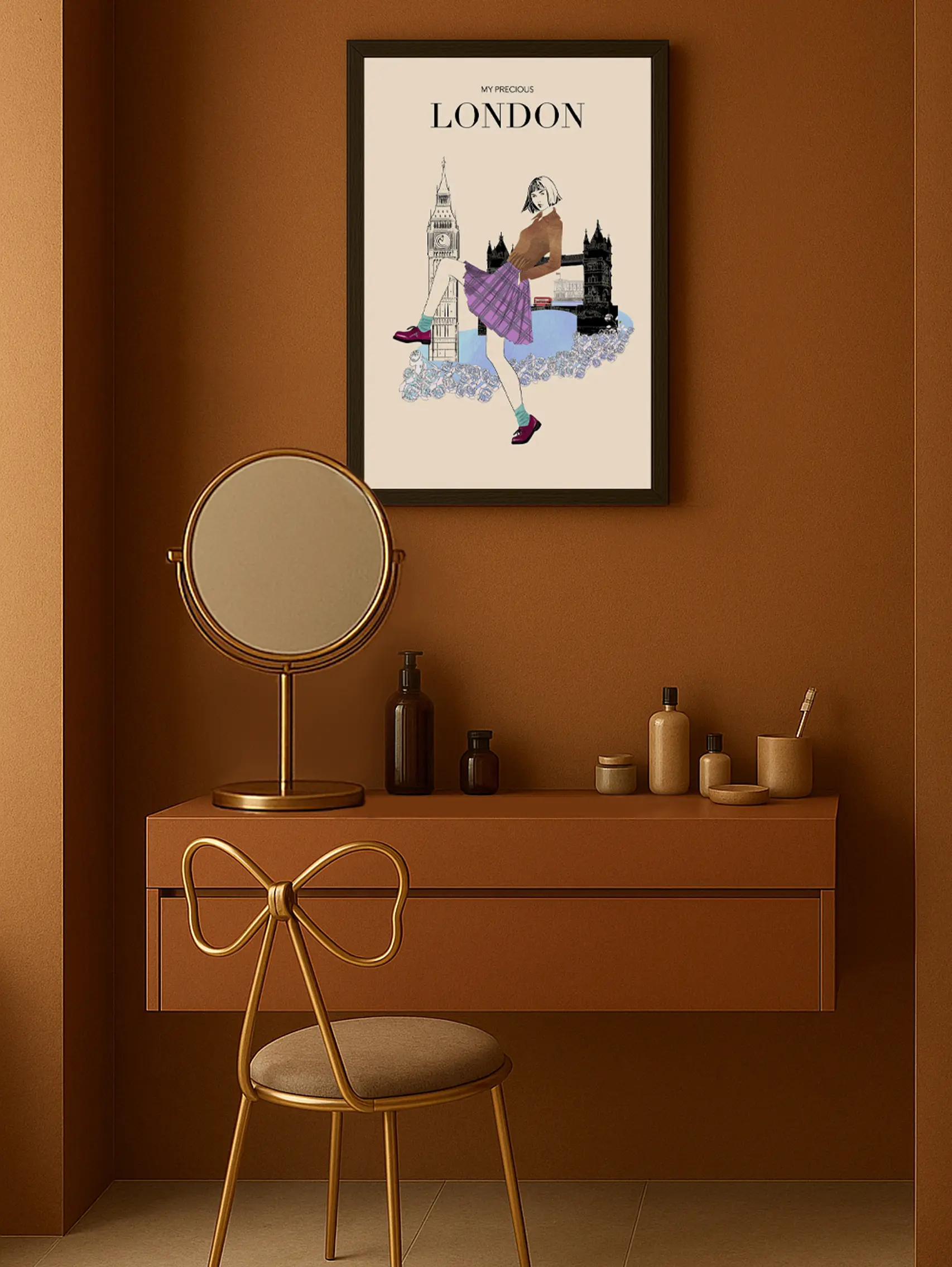 my precious london femme devant les monuments de londres affiche moderne murale de voyage par monica lind