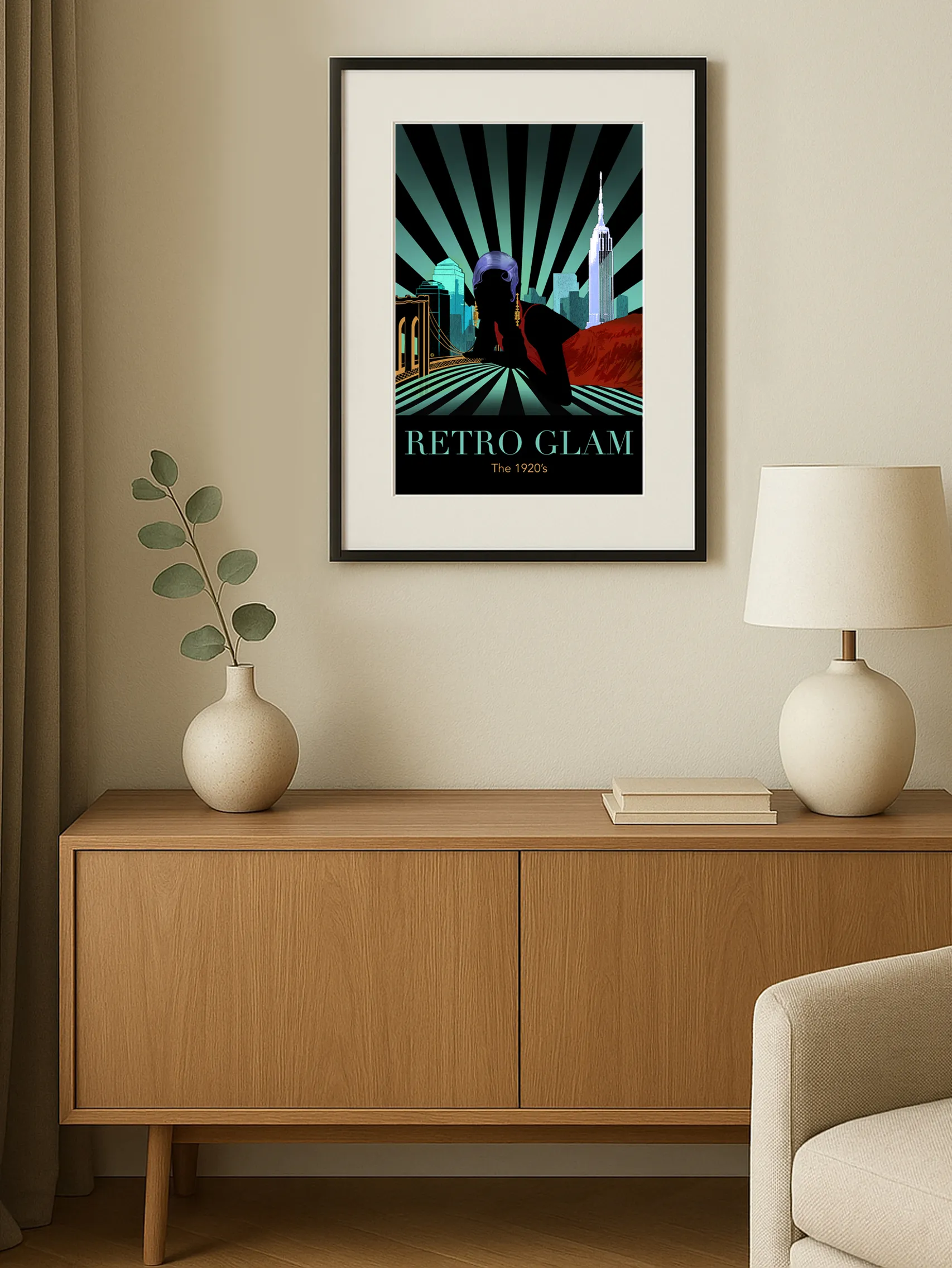 affiche rétro glamour d’une silhouette de femme en rouge avec des faisceaux verts en arrière-plan