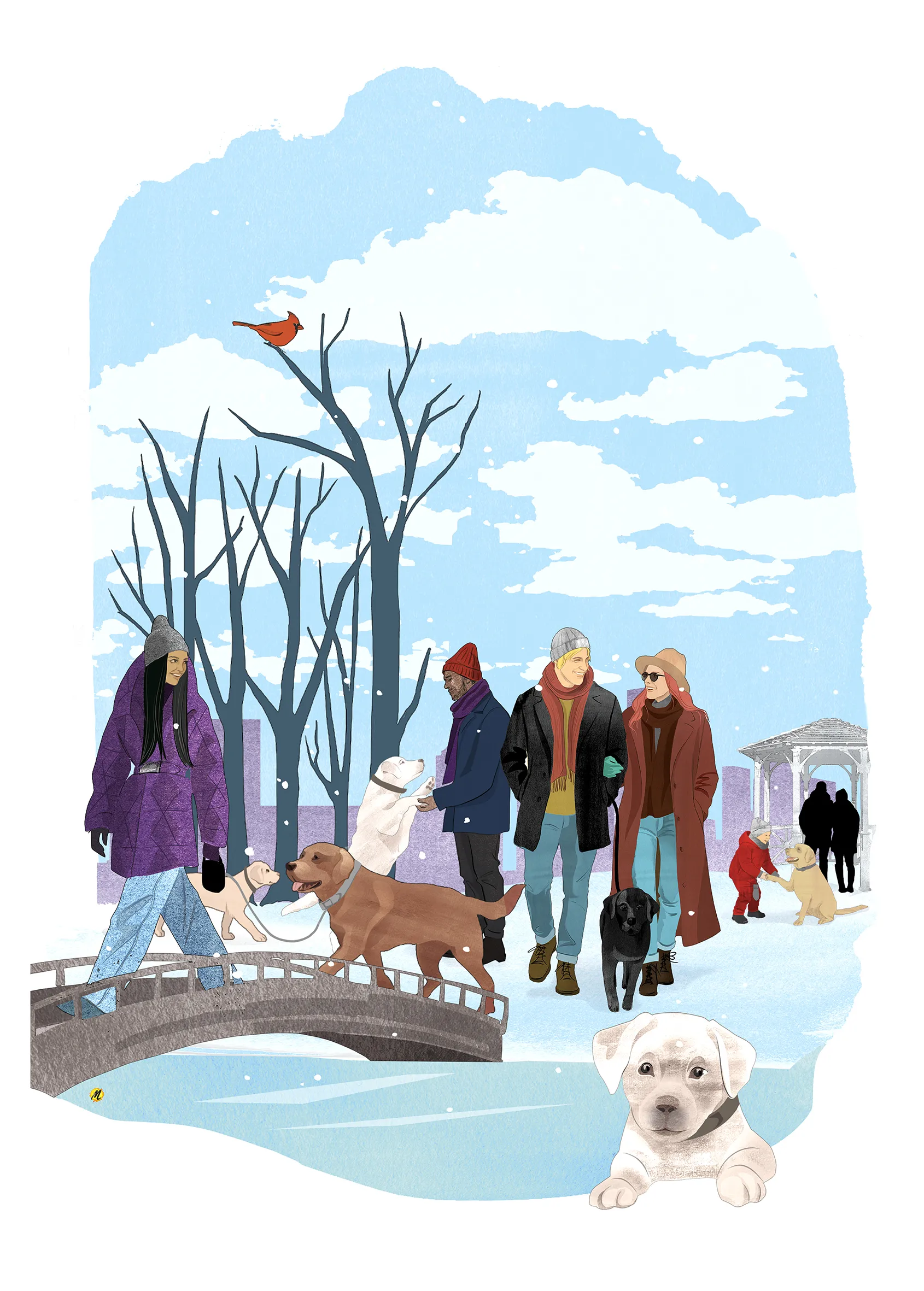 all about labs illustration carte de voeux gens qui se baladent avec des chiens dans un parc