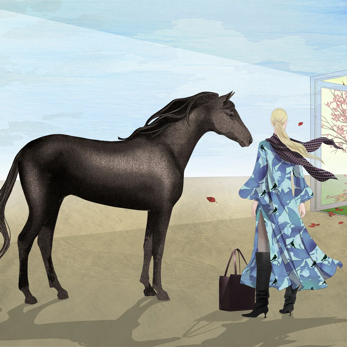 porte sur l'automne illustration de mode surréaliste avec un cheval et une femme vignette
