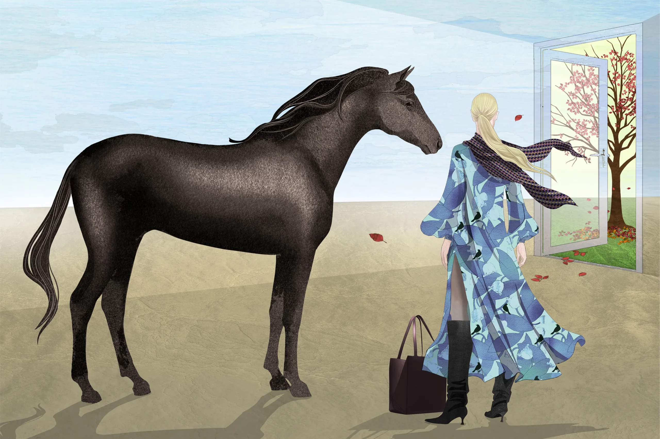 open door to fall illustration de mode surréaliste avec un cheval et une femme par monica lind