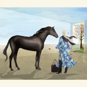 porte sur l'automne exclusif illustration de mode surréaliste avec un cheval et une femme