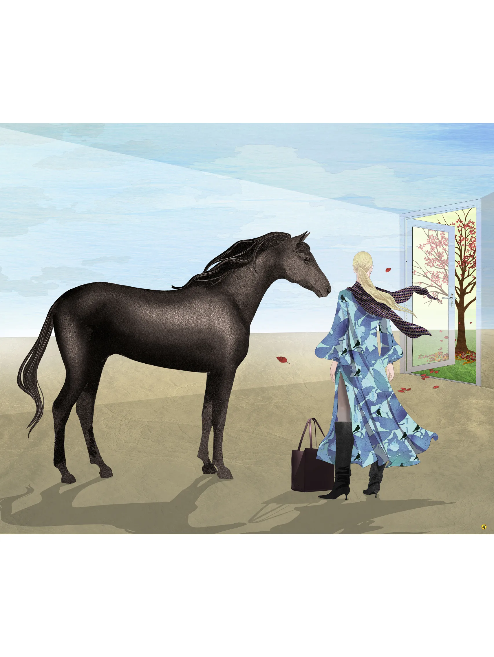 open door to fall illustration de mode surréaliste avec un cheval et une femme par monica lind