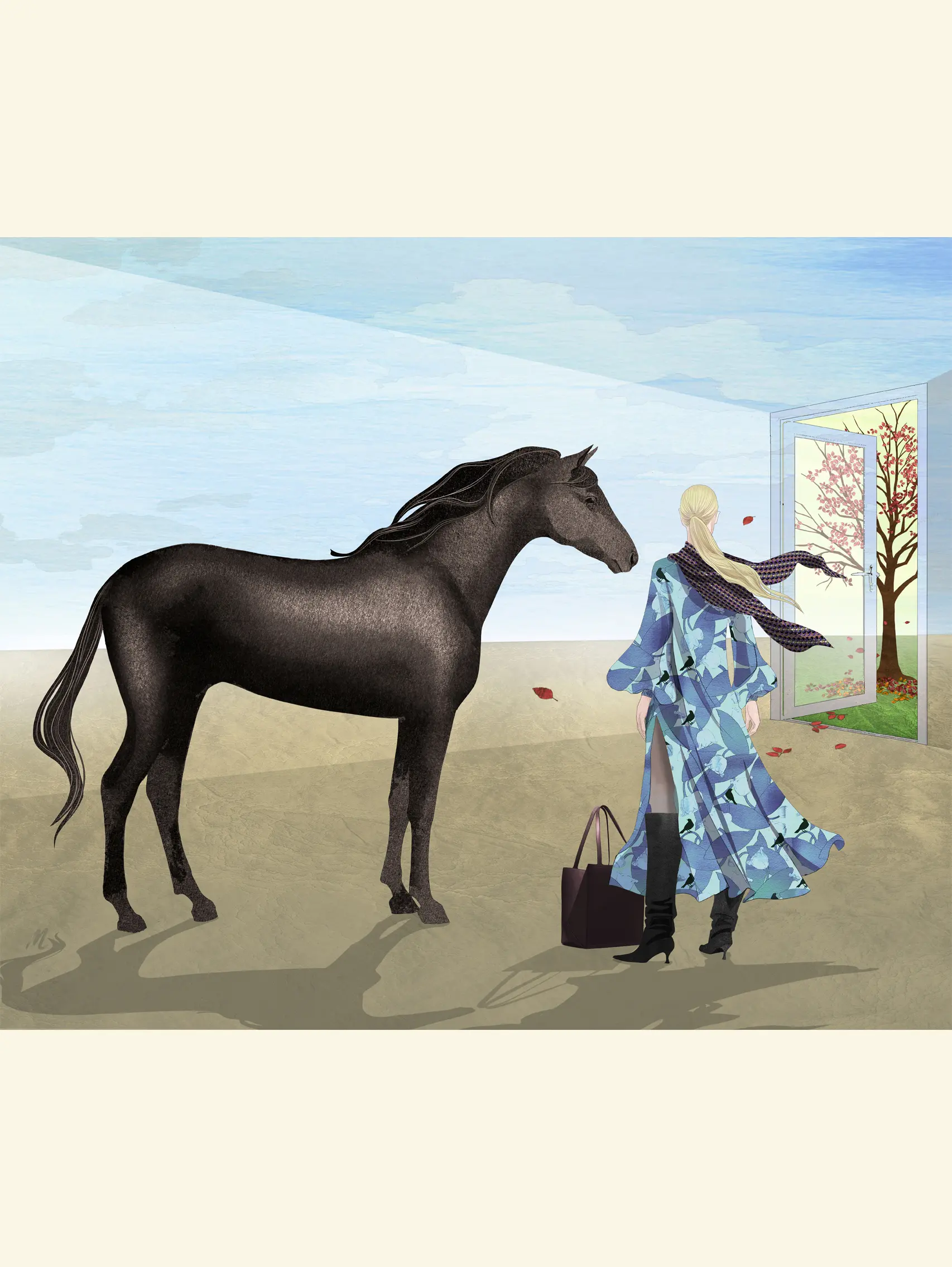porte sur l'automne exclusif illustration de mode surréaliste avec un cheval et une femme