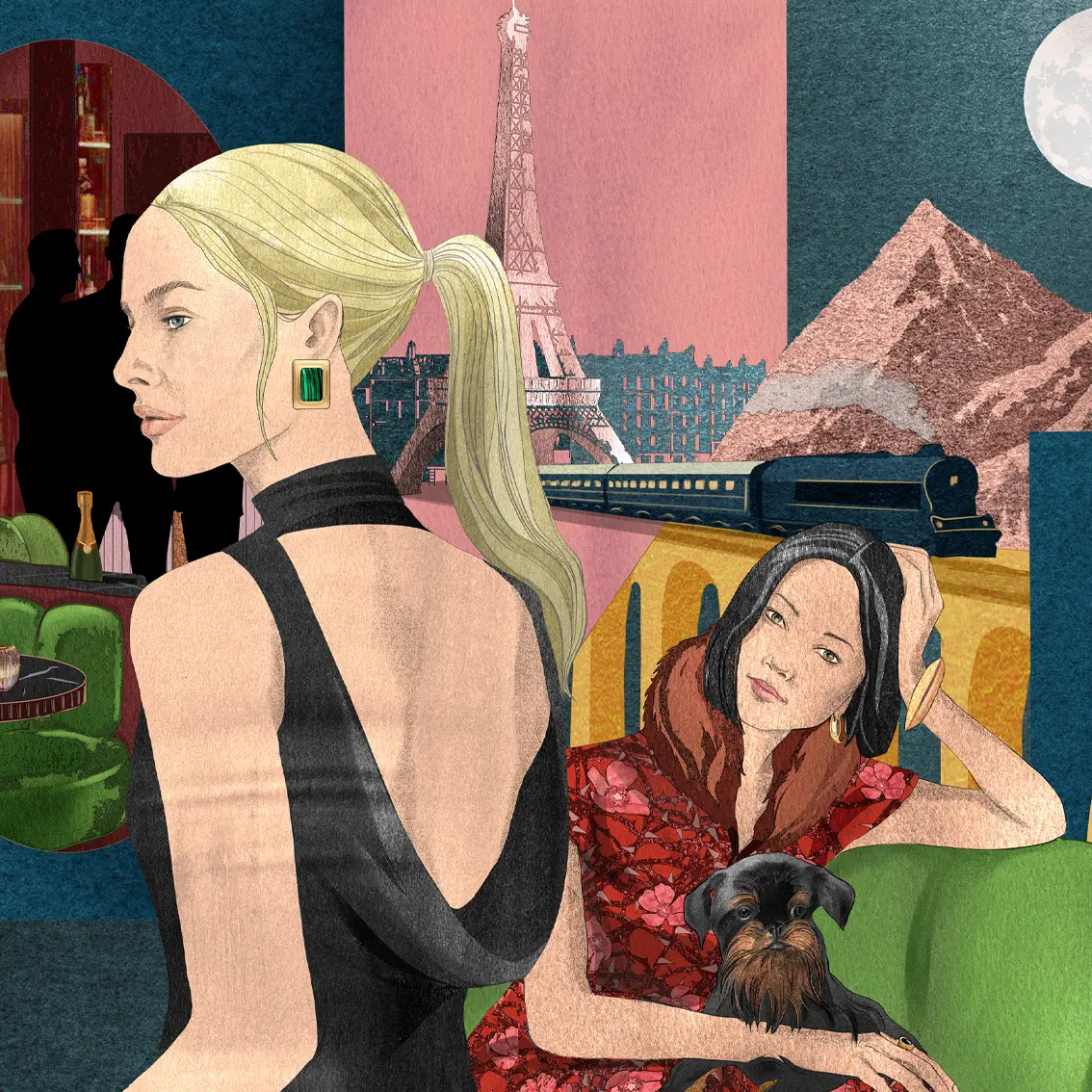 illustration de voyage élégante inspirée de l’Orient-Express, mettant en scène des femmes, un train de luxe et les monuments de Paris et d’Istanbul, par Monica Lind