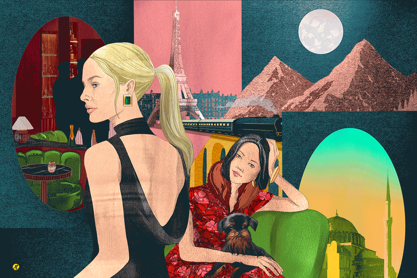 illustration de voyage élégante inspirée de l’Orient-Express, mettant en scène des femmes, un train de luxe et les monuments de Paris et d’Istanbul, par Monica Lind