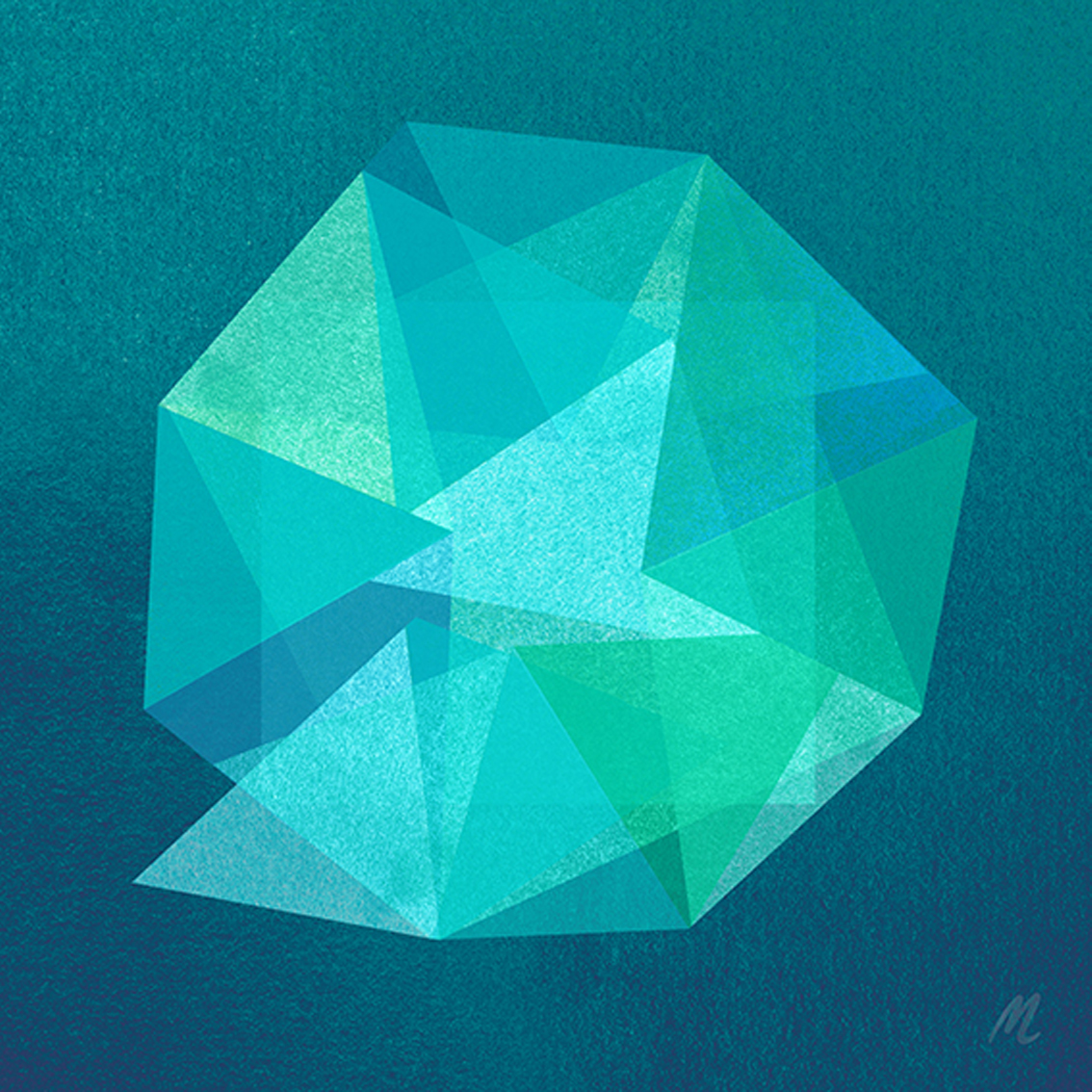 tirage d’art abstrait sur toile facets par Monica Lind édition exclusive grand format tons bleus et verts formes facettes